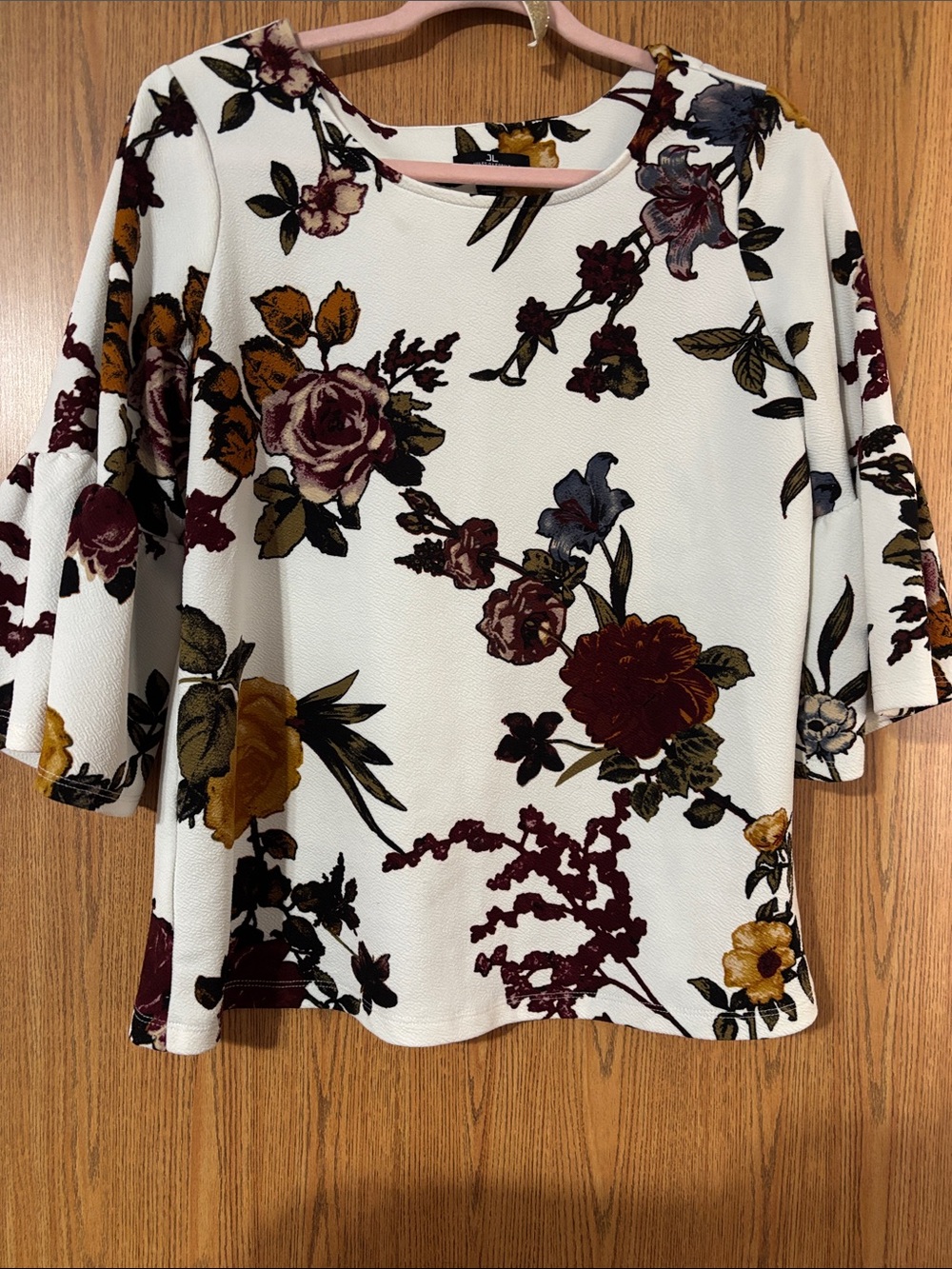 Jules & Leopold White Floral Bell-Sleeve Blouse with Mustard & Burgundy Blooms